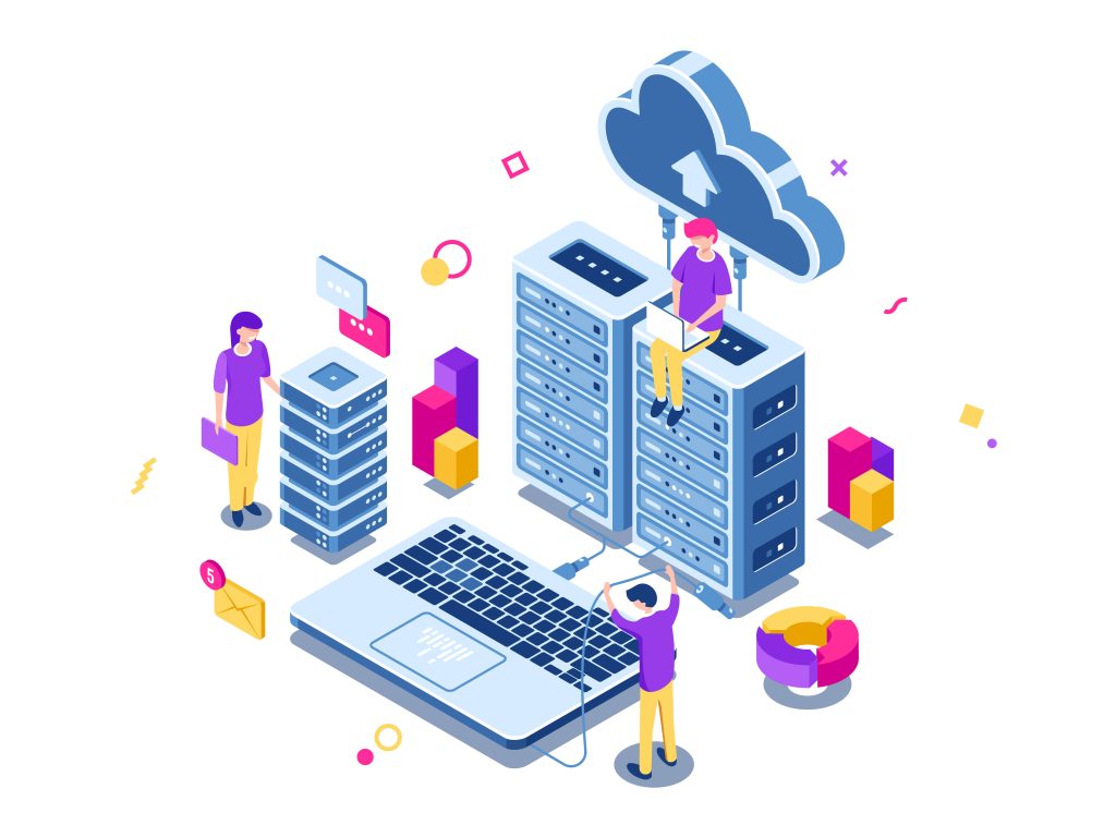 "Modern data center with rows of server racks and glowing LED indicators, symbolizing secure and reliable web hosting services."