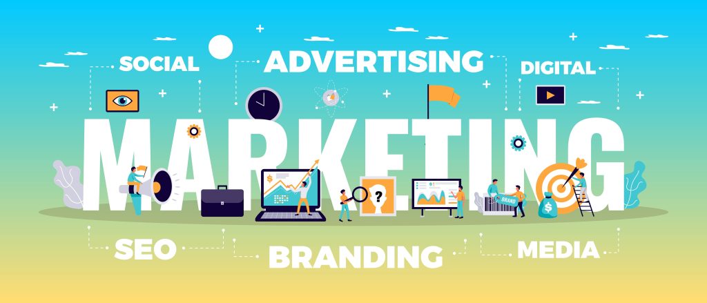 "Colorful illustration of digital marketing concepts featuring the word 'MARKETING' surrounded by elements like SEO, branding, advertising, media, social, and digital, with icons and people working on laptops, charts, and promotional tools."