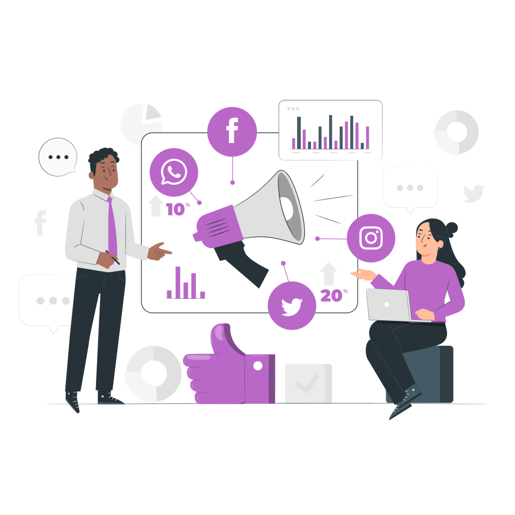 two digital marketers discussing social media marketing strategy with icons of Facebook, Instagram, Twitter, and WhatsApp, along with charts and graphs representing analytics and engagement metrics."